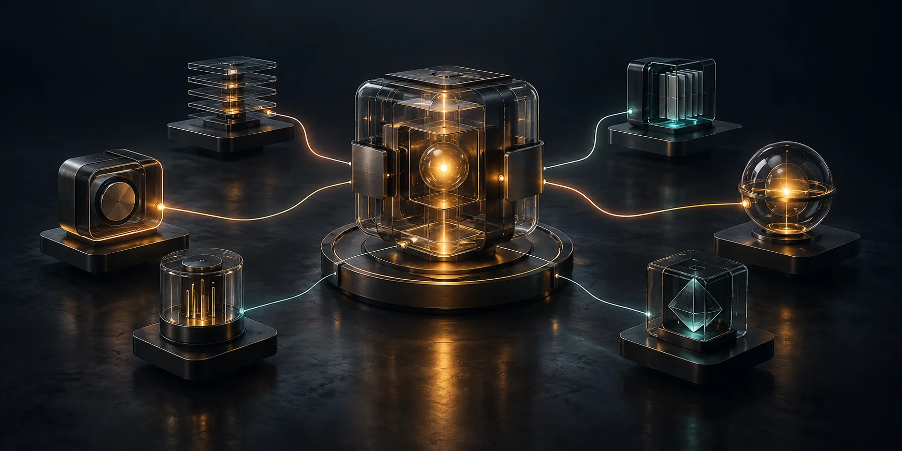 Abstract connected automation core: smoked-glass modules linked by amber pathways against a dark background