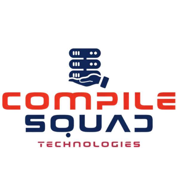 CompileSquad Technologies logo — stacked, red and navy